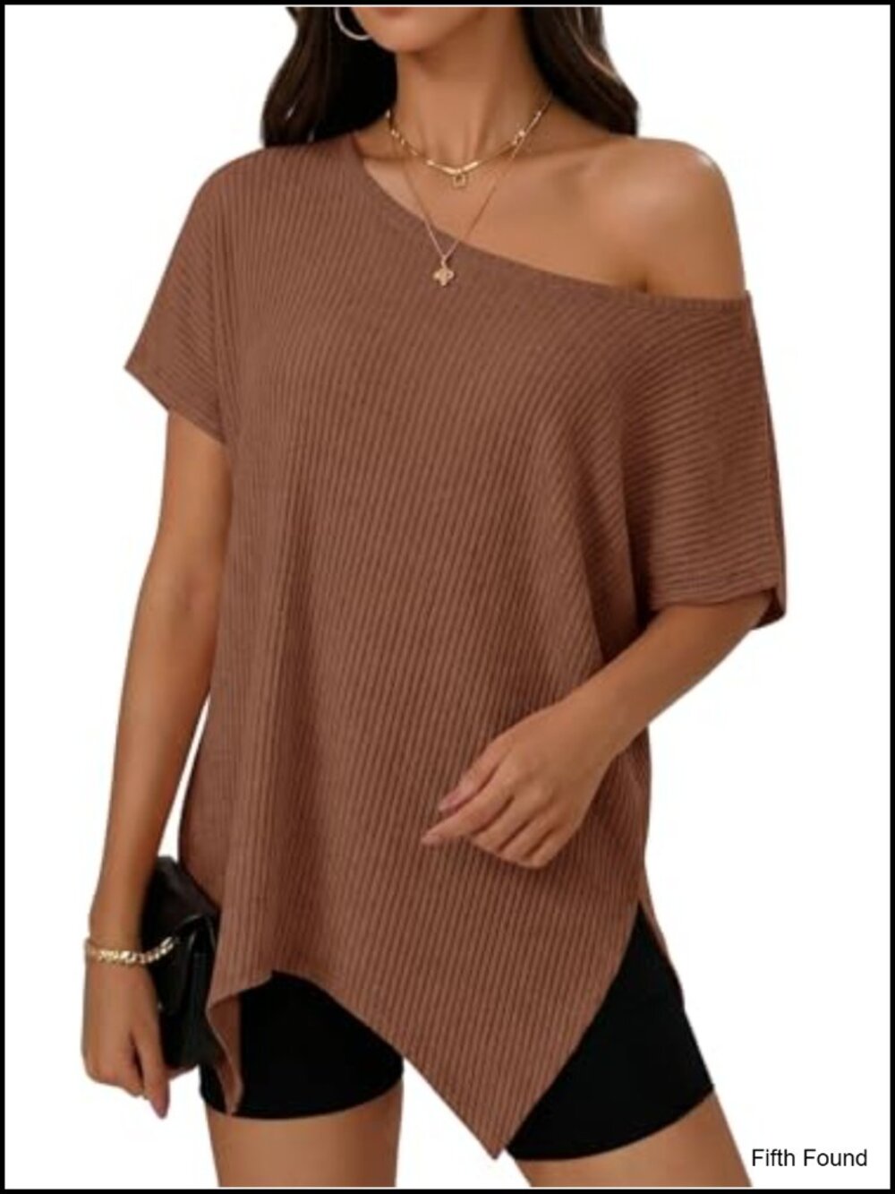 Ribbed Knit Off Shoulder Tunic Top Short Sleeve Side Split Loose Fit